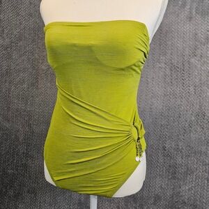 2Bamboo Women Lime Green Ruched Bandeau One Piece Swimsuit Side Ring Detail Sz 6